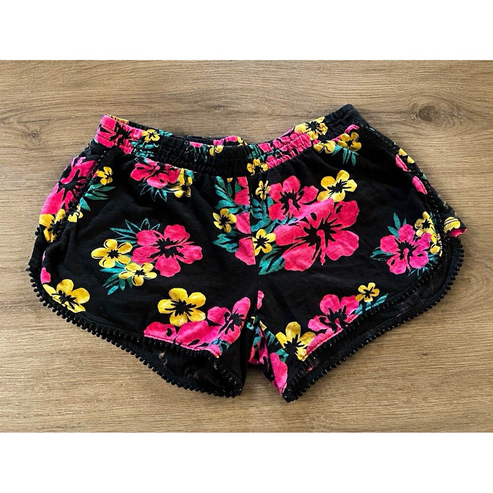 Justice Girls Floral Pull-On Shorts Size 12 Cotton Elastic Waist Black